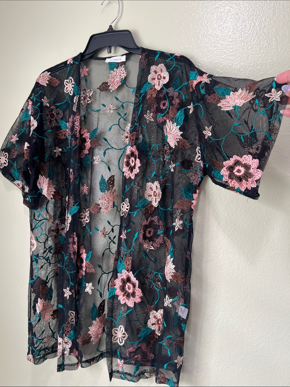 Romantic Sheer Floral Kimono - Black with Pink & Teal Embroidery